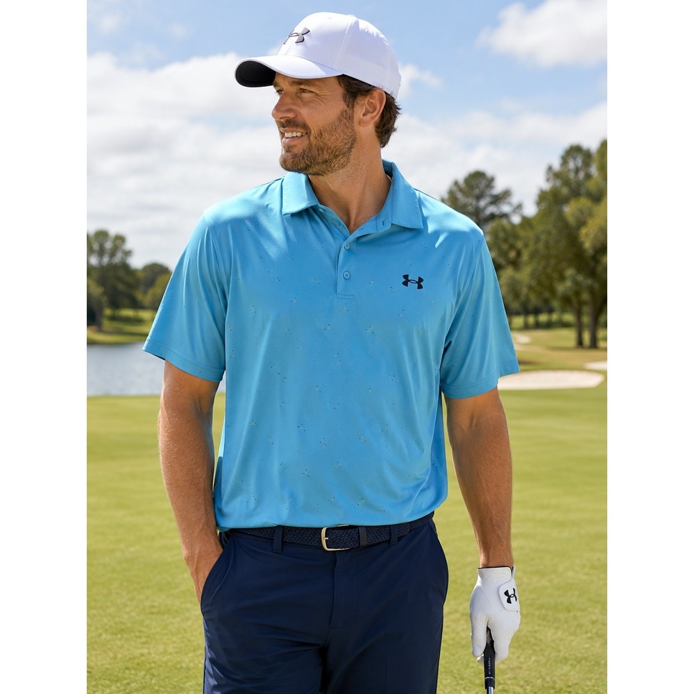 Under Armour Playoff Polo Men XXL Blue Speckled Golf Shirt Loose Fit HeatGear